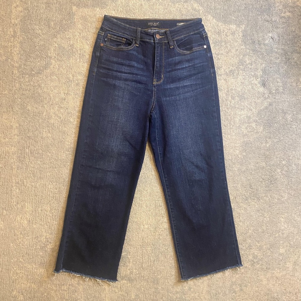 Judy Blue Wide Leg Jeans Womens 27 Dark Wash High Rise Crop Raw Frayed Hem Denim